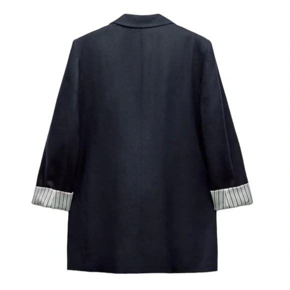 ZARA LINEN BLEND ROLL UP SLEEVE OPEN FRONT BLAZER BLACK SIZE L - Picture 3 of 8